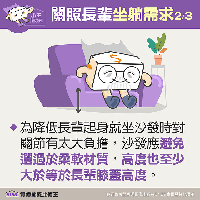 老人家膝蓋已退化,太軟太低的沙發都會造成他們關節上的負擔。客廰避免採用太過柔軟的沙發外,高度也至少須大於等於家中長輩的膝蓋高度 5168實價登錄比價王